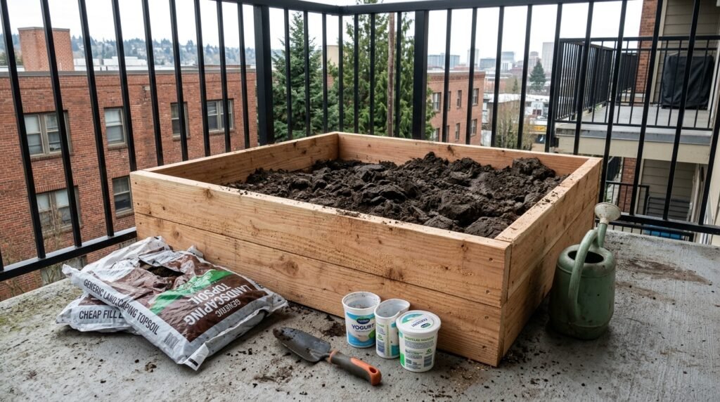 raised bed vegetable garden filled with rich dark soil mix ready for planting
