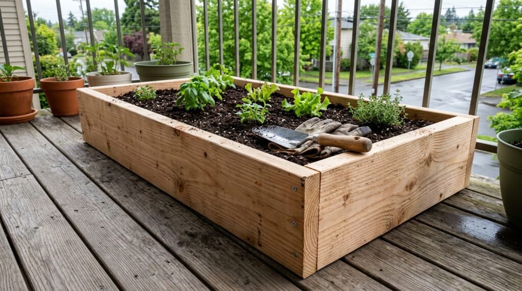 simple DIY raised garden bed built from wood planks in a backyard for under 50 dollars
