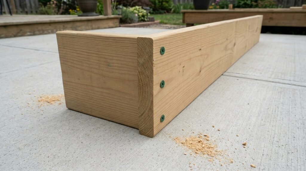 close up of raised bed corner joint construction using basic lumber and screws