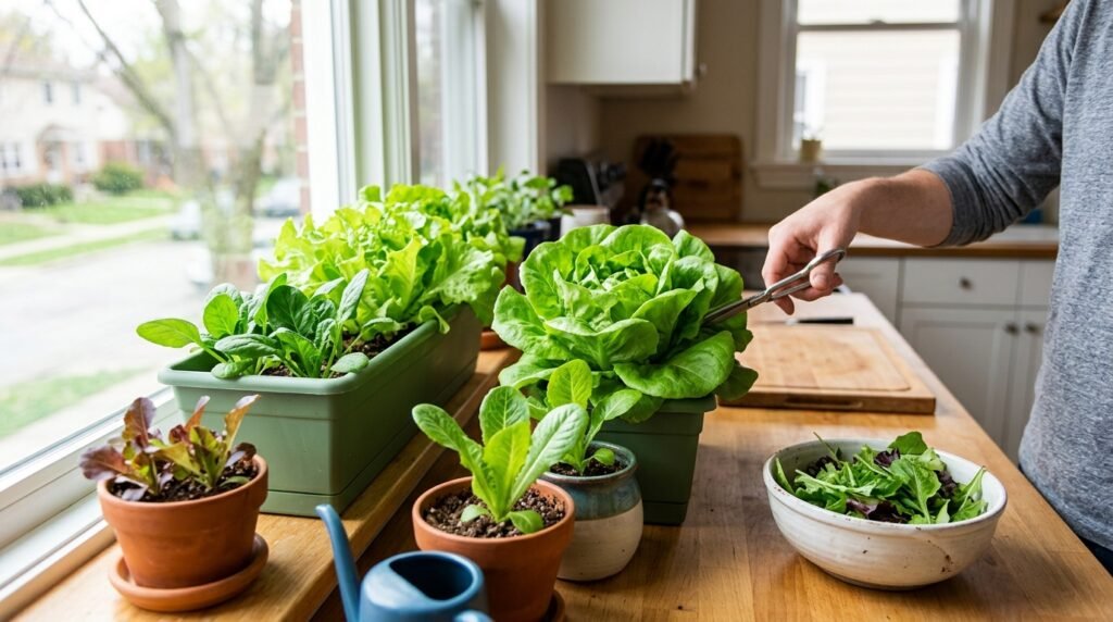 lettuce growing indoors in a container on a bright windowsill year round