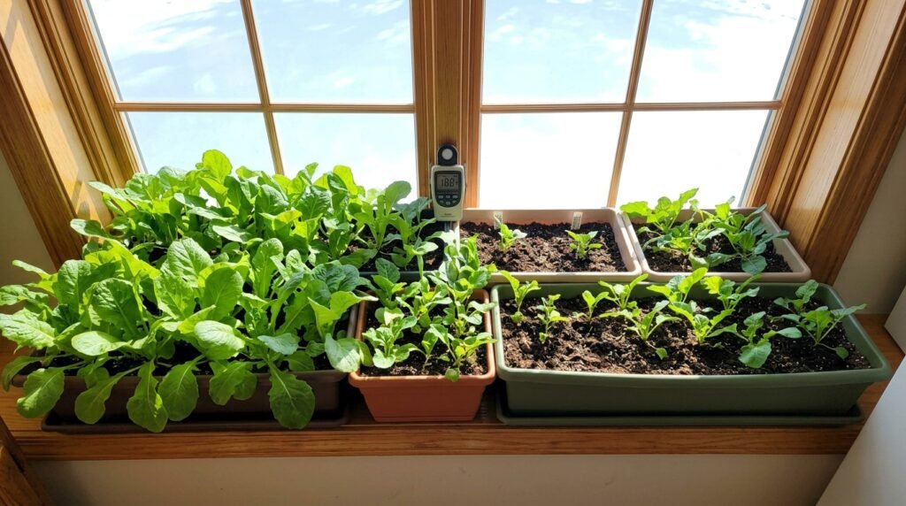 close up of green and red lettuce leaves growing in an indoor container