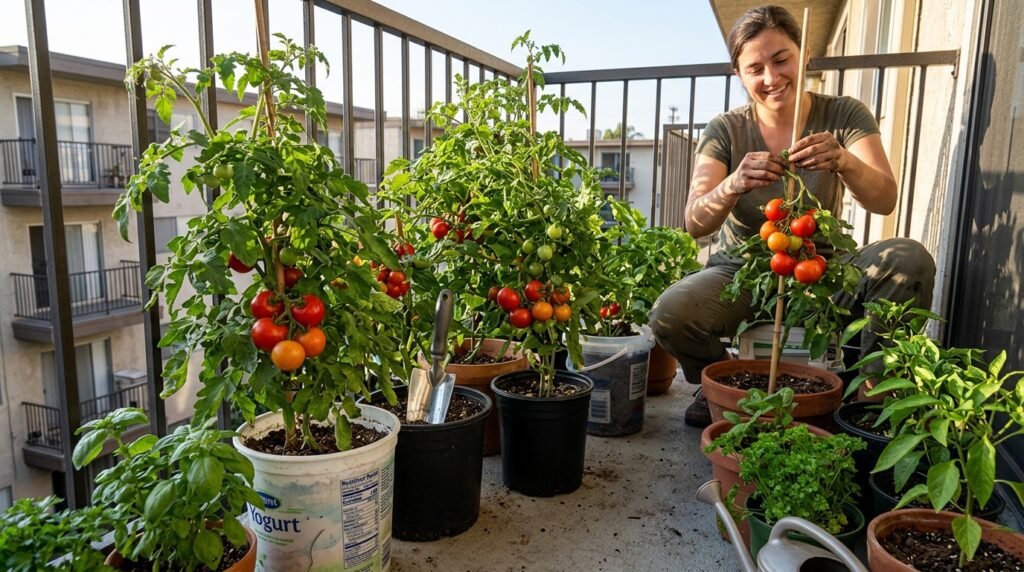tomato plant growing in a large container on a sunny apartment balcony