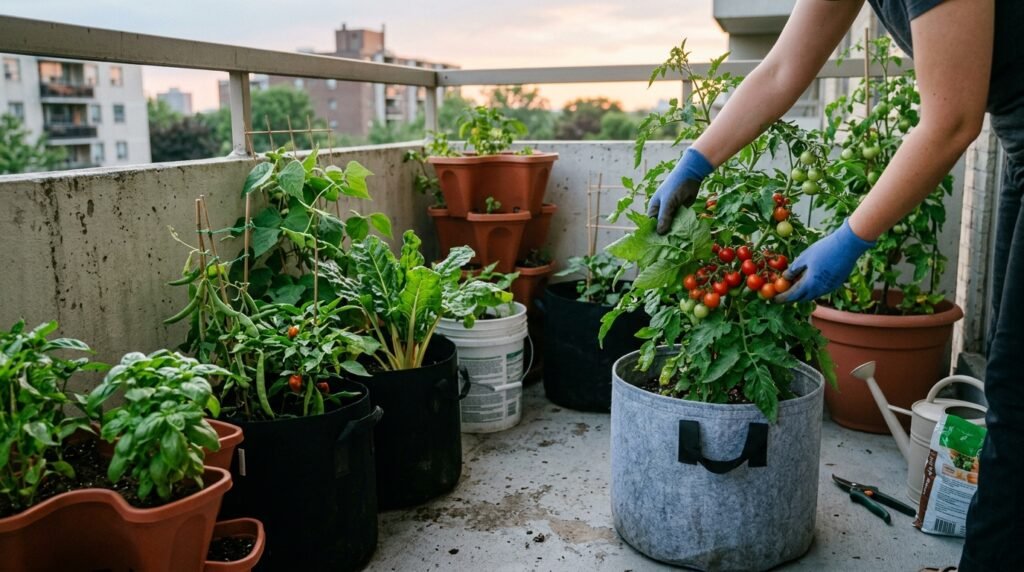 beginner vegetable garden setup at home with small raised bed and seedlings