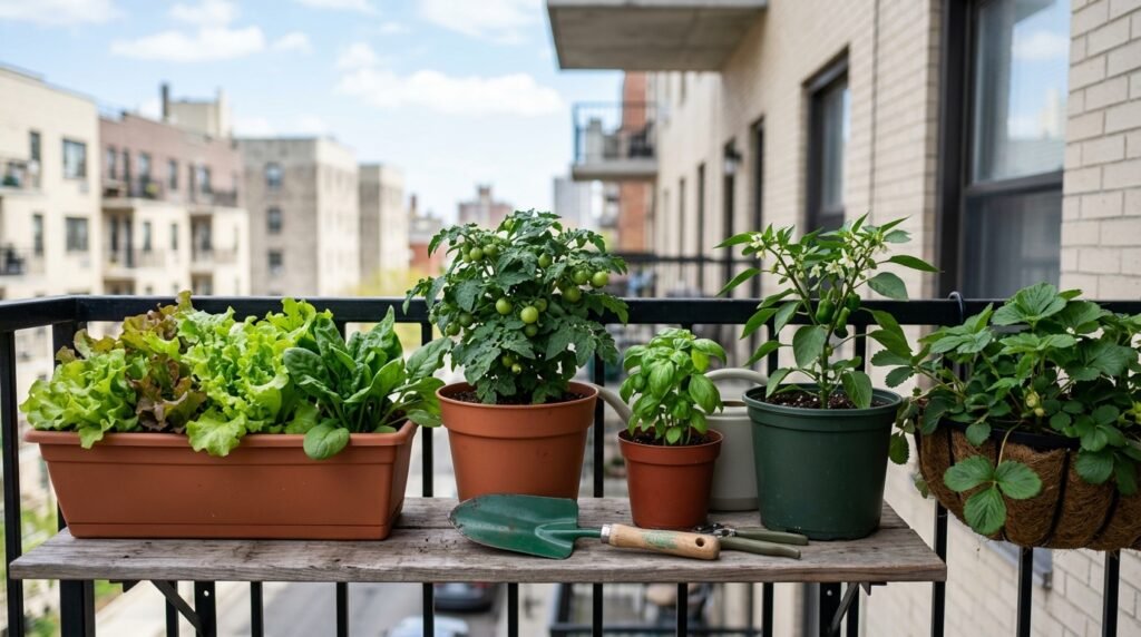 patio container garden with multiple vegetables growing in pots of various sizes