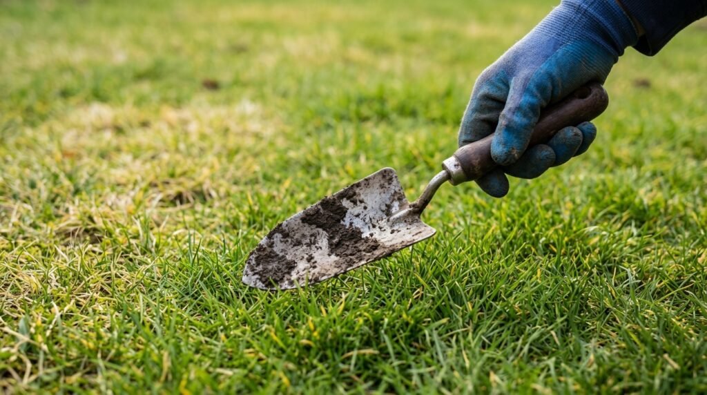 close up of hand trowel and soil scoop used daily in a small raised bed garden