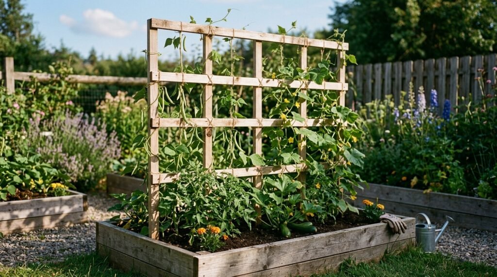 simple DIY wooden trellis supporting climbing vegetable plants in a raised bed