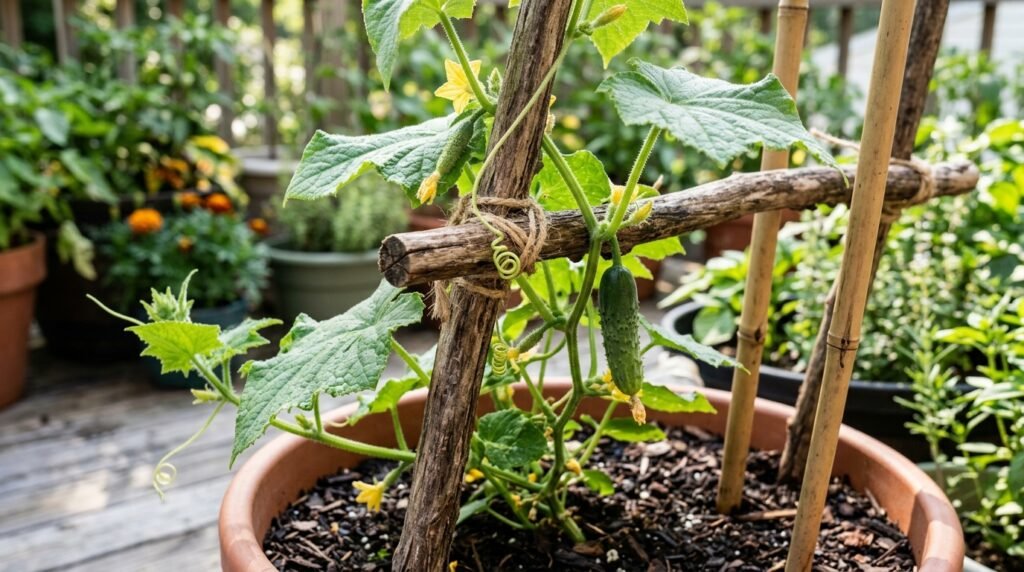 close up of cucumber vine climbing a homemade trellis in a container garden
