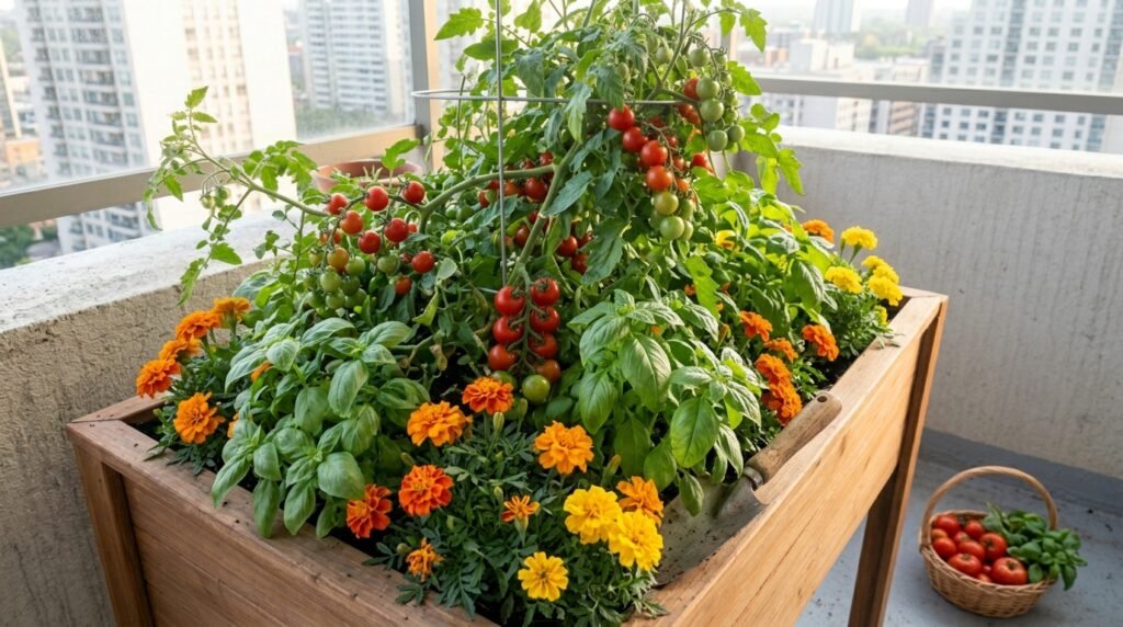 companion planting arrangement with tomatoes basil and marigolds in a raised bed
