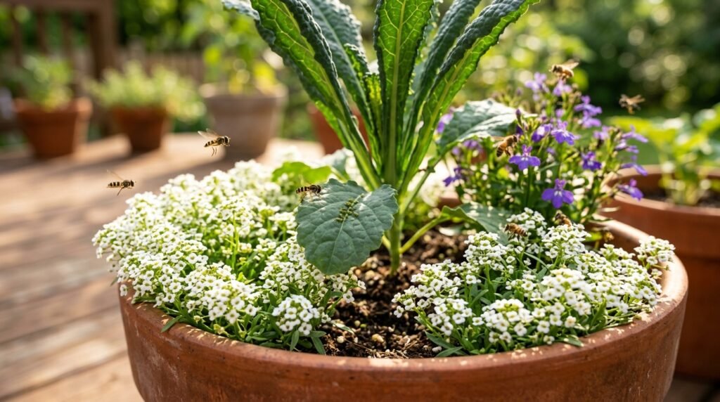 close up of tomato plant and basil growing side by side as companion plants