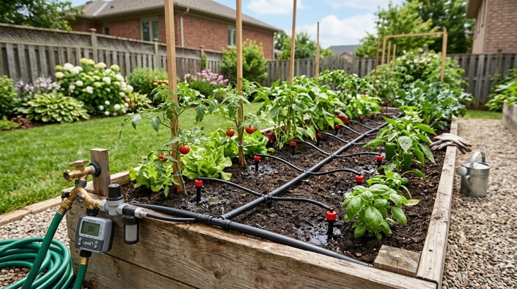 DIY drip irrigation system installed in a raised bed vegetable garden