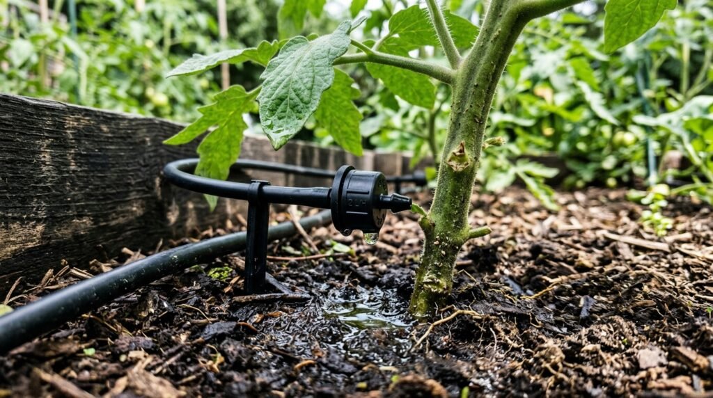 close up of drip emitter delivering water to base of tomato plant in raised bed