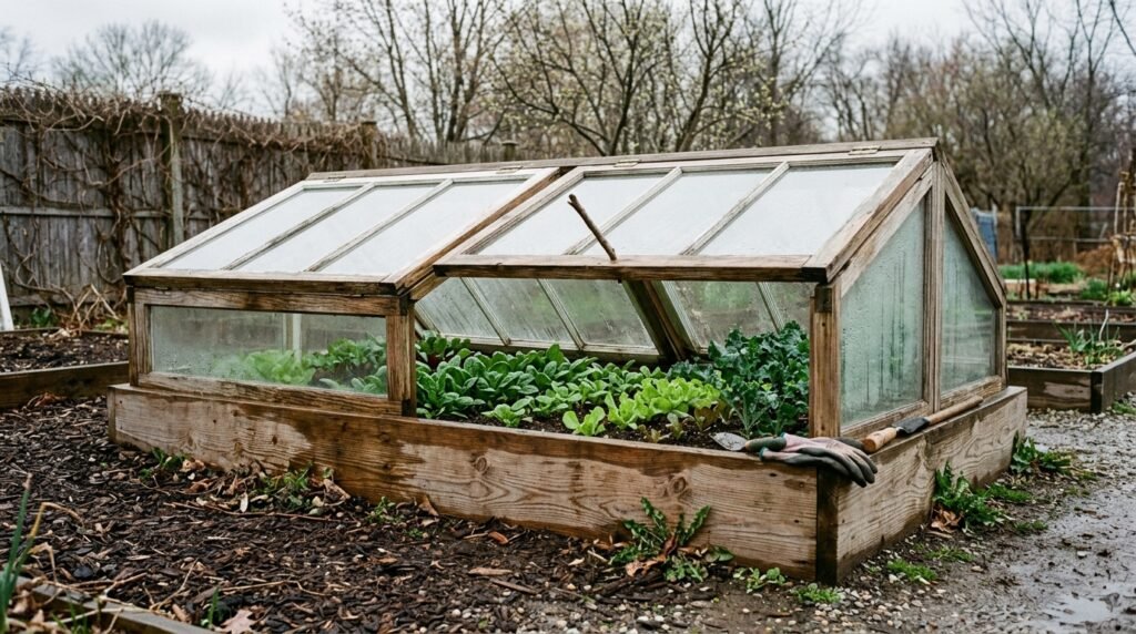 cold frame covering vegetable plants in a raised bed during cool weather