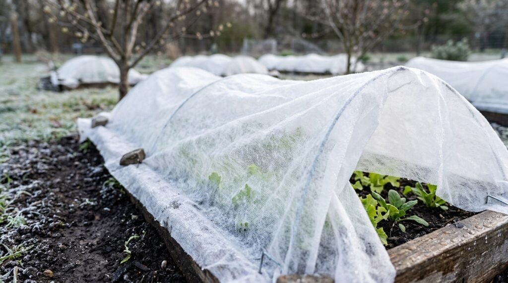 close up of row cover fabric protecting vegetable seedlings from frost in early spring