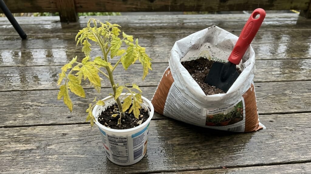 organic fertilizer being spread around the base of vegetable plants in a raised bed