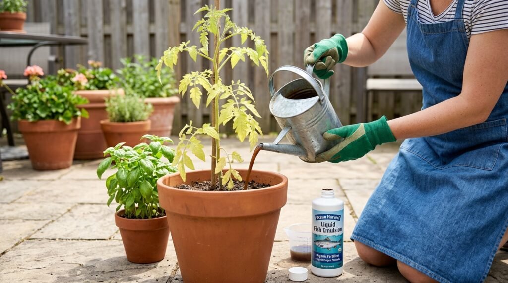 close up of hands applying compost as organic fertilizer around tomato plant base