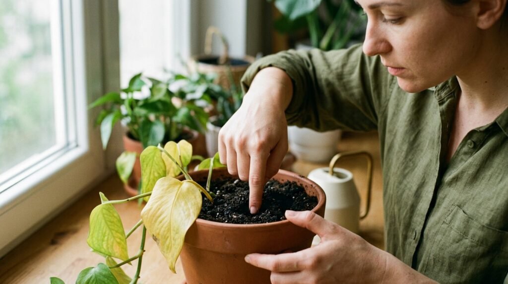 overwatered vegetable plant with yellowing drooping leaves in a container garden