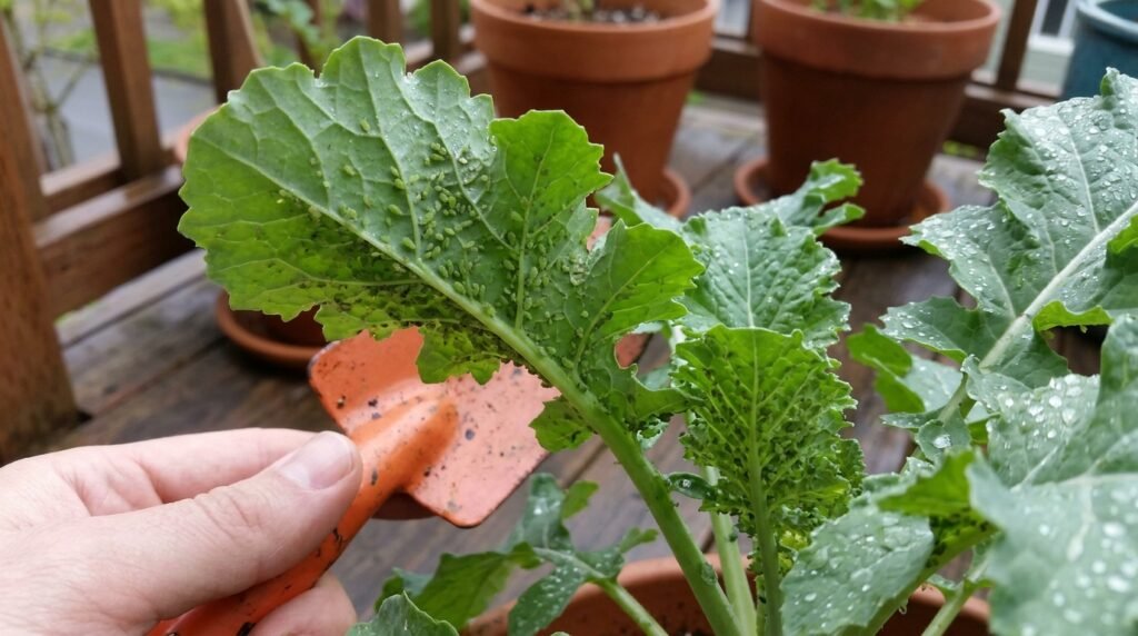 aphids clustered on the underside of a vegetable plant leaf in a garden