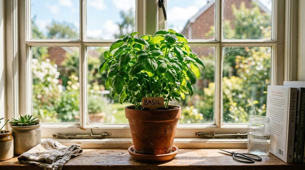 basil plant growing indoors on a sunny windowsill with full healthy leaves