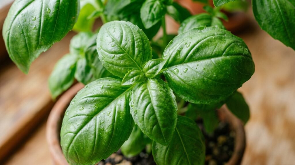 close up of fresh basil leaves on a thriving indoor plant in a small pot