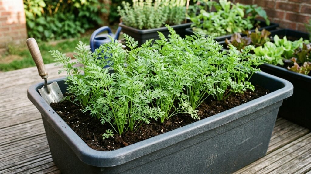 carrot tops growing in a deep container garden showing healthy green foliage