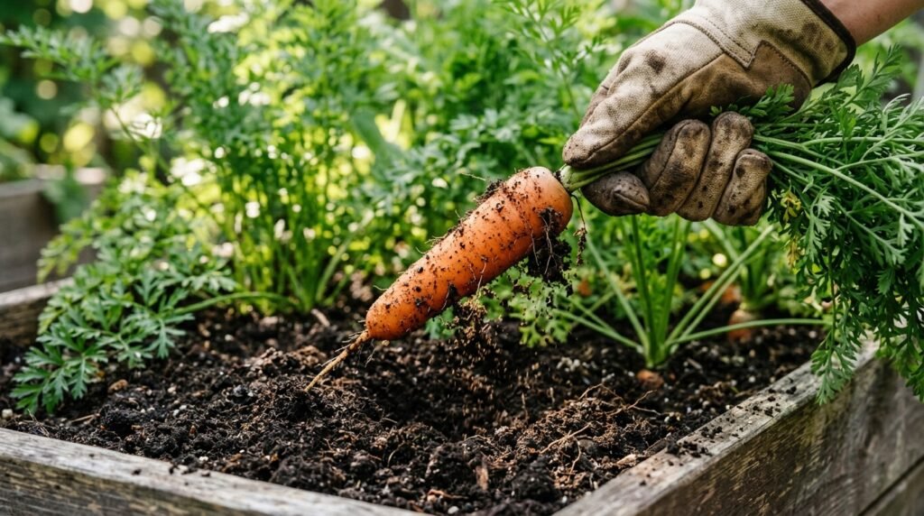 close up of carrot being pulled from loose deep soil in a container garden