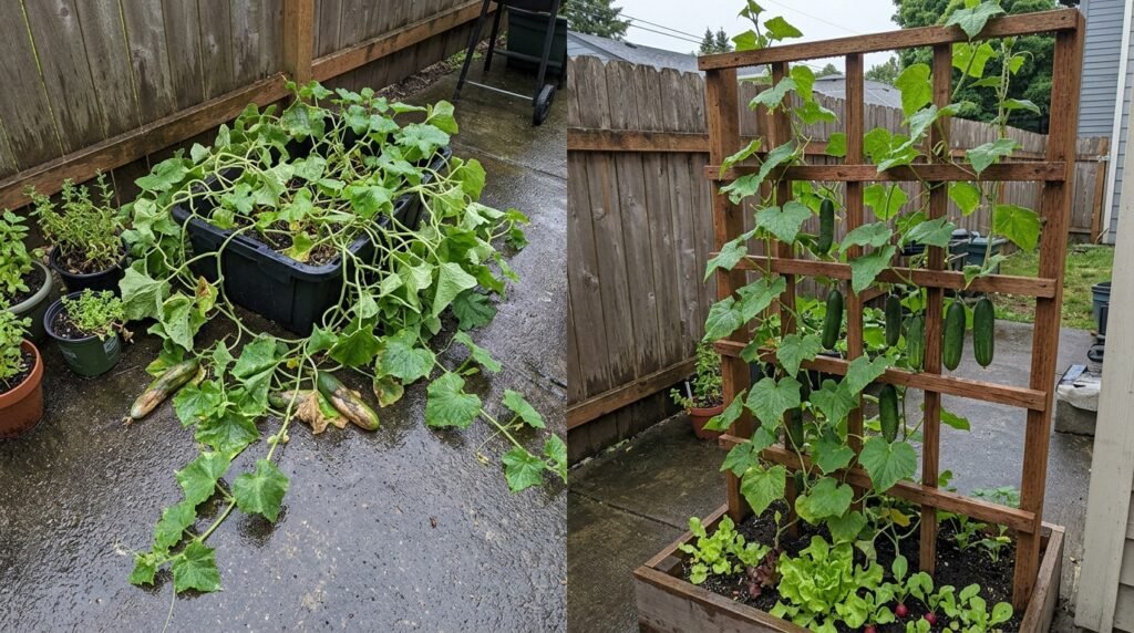 cucumber plant growing vertically on a trellis in a small garden space