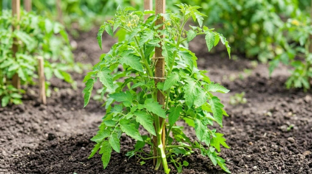 close up of cucumber vine climbing a simple DIY trellis in a container garden