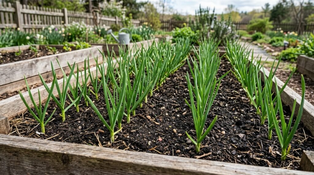 garlic growing in a raised bed with green shoots emerging from dark soil