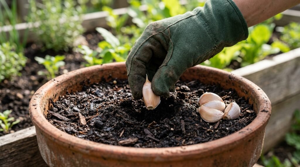 close up of garlic cloves being planted into soil in a container garden