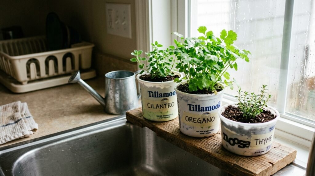 small apartment kitchen windowsill with multiple herb pots including basil and parsley