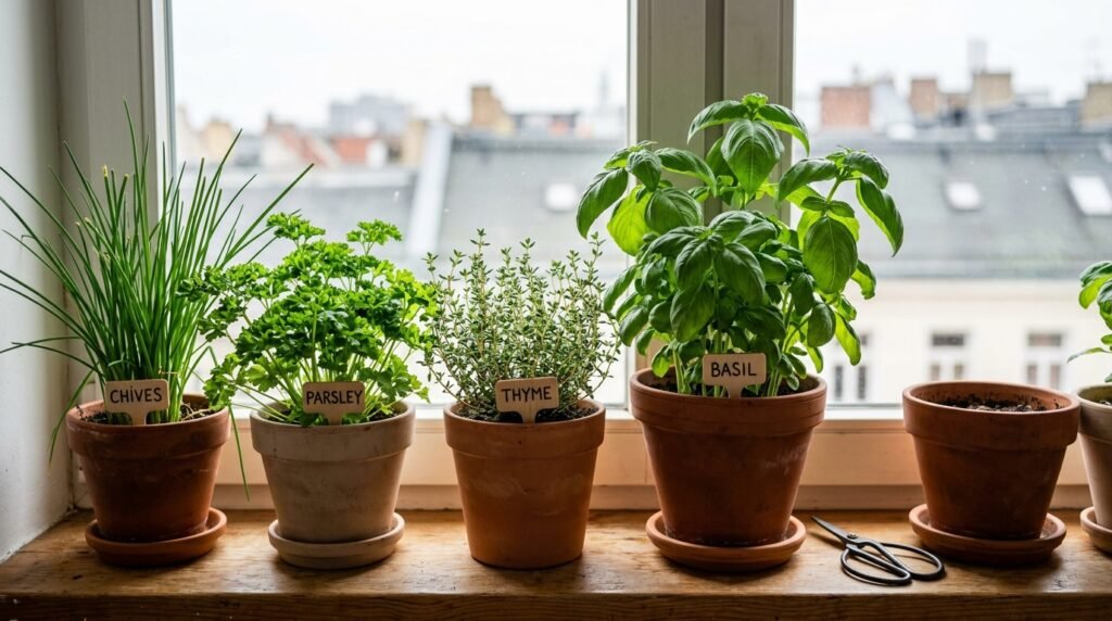 close up of fresh basil and thyme growing in small pots on a kitchen counter