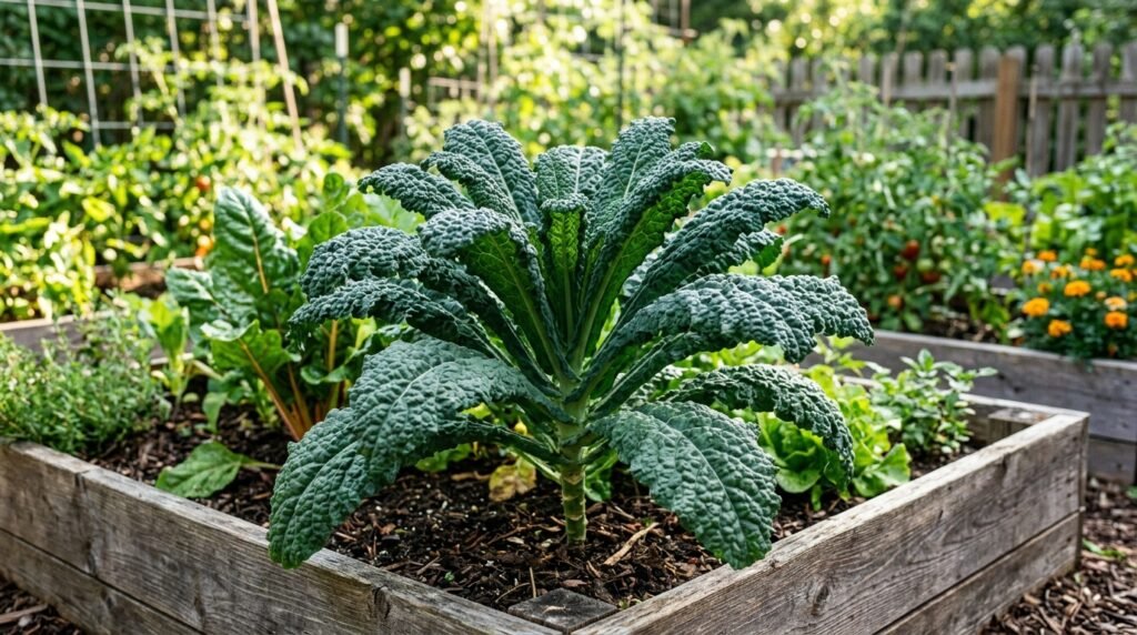 kale plant growing vigorously in a raised bed with large healthy dark green leaves