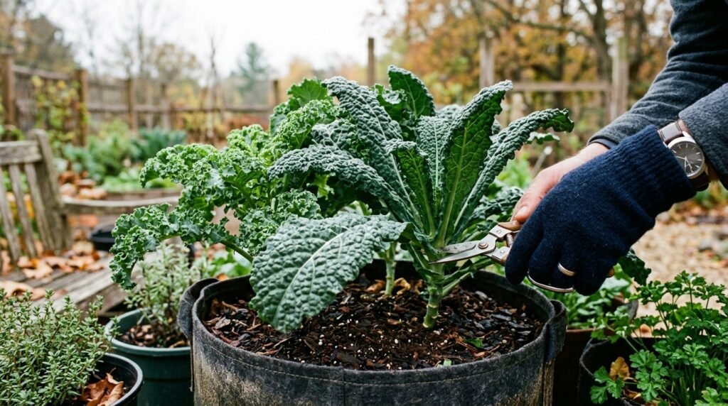 close up of kale leaves ready to harvest from a container garden in cool weather