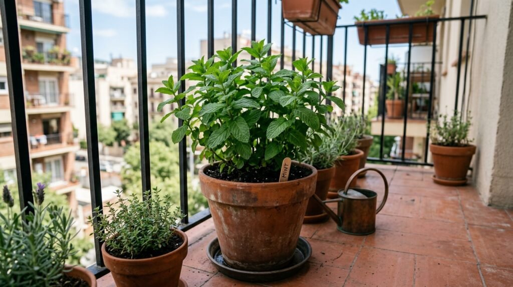 mint plant growing in a terracotta pot on a balcony contained from spreading