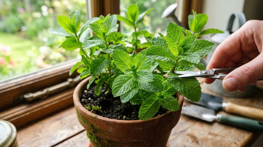 close up of fresh mint leaves on a thriving container plant ready to harvest