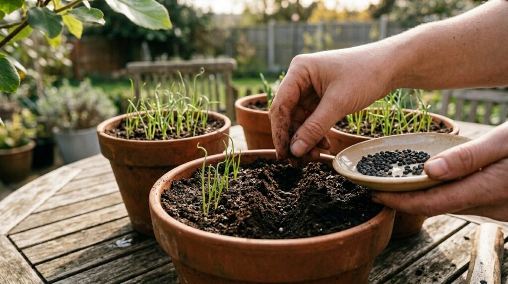 onion sets planted in rows in a small raised bed garden with green shoots emerging