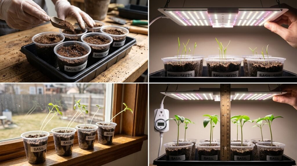 close up of onion seedlings growing in a container with healthy green tops