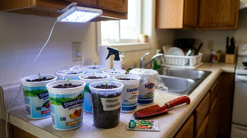 pepper seedlings growing in small starter pots under a grow light indoors