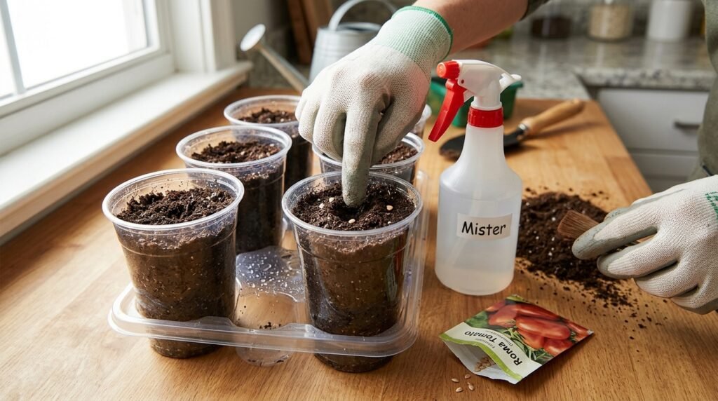 close up of pepper plant with flowers and small developing peppers in a container