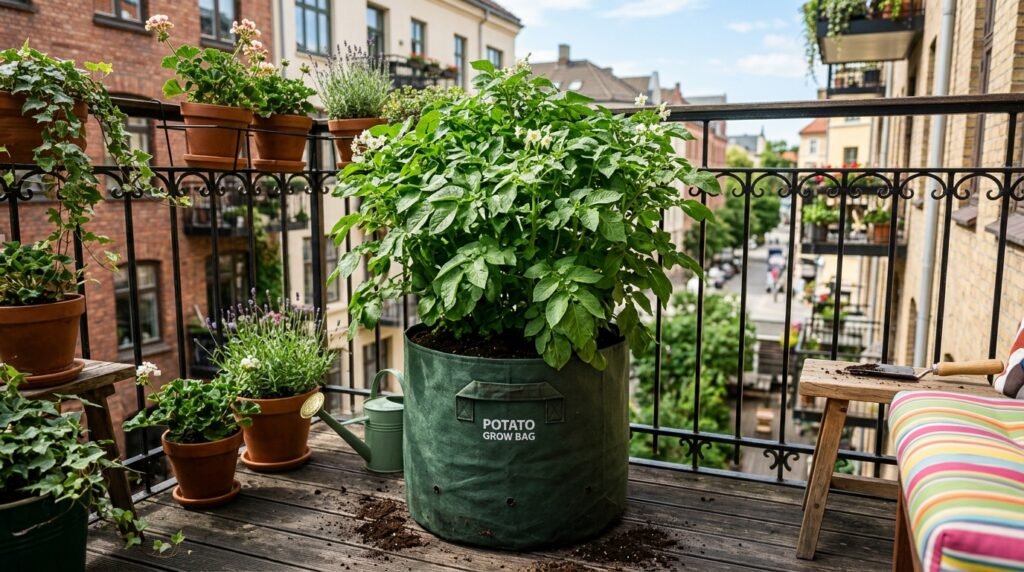 potato grow bag on a balcony with green leafy potato plant growing from it