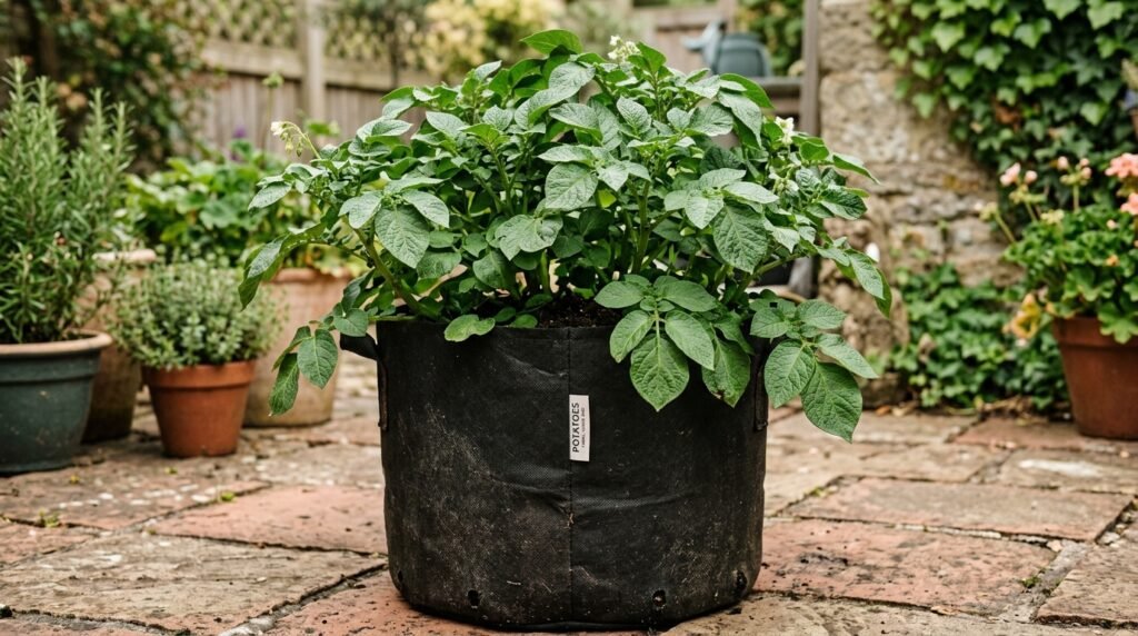 close up of potato plant growing out of a fabric grow bag on a patio