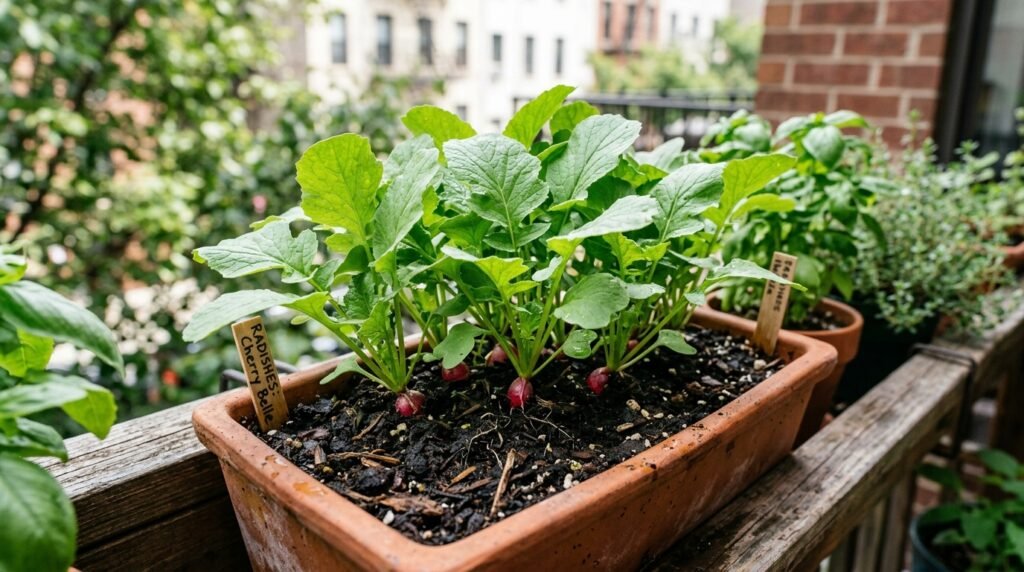 radishes growing quickly in a small container garden with leaves above soil
