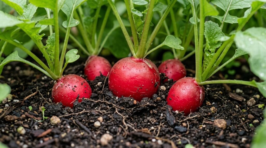 close up of radish roots visible at soil surface showing they are nearly ready to harvest