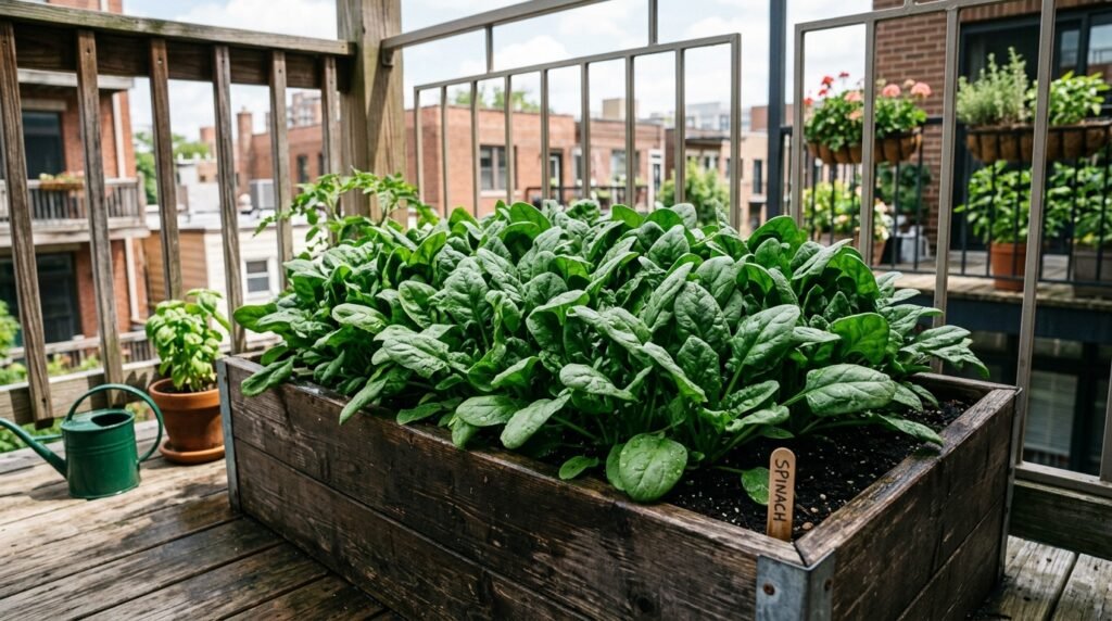 spinach growing densely in a rectangular container on a balcony