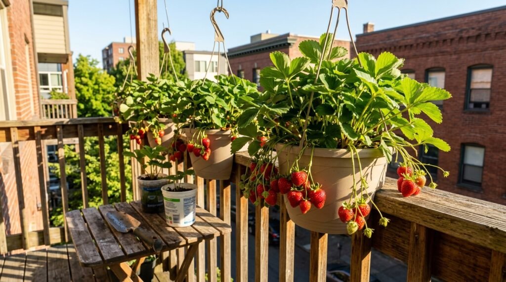 strawberry plant with ripe red fruit growing in a terracotta pot on a balcony