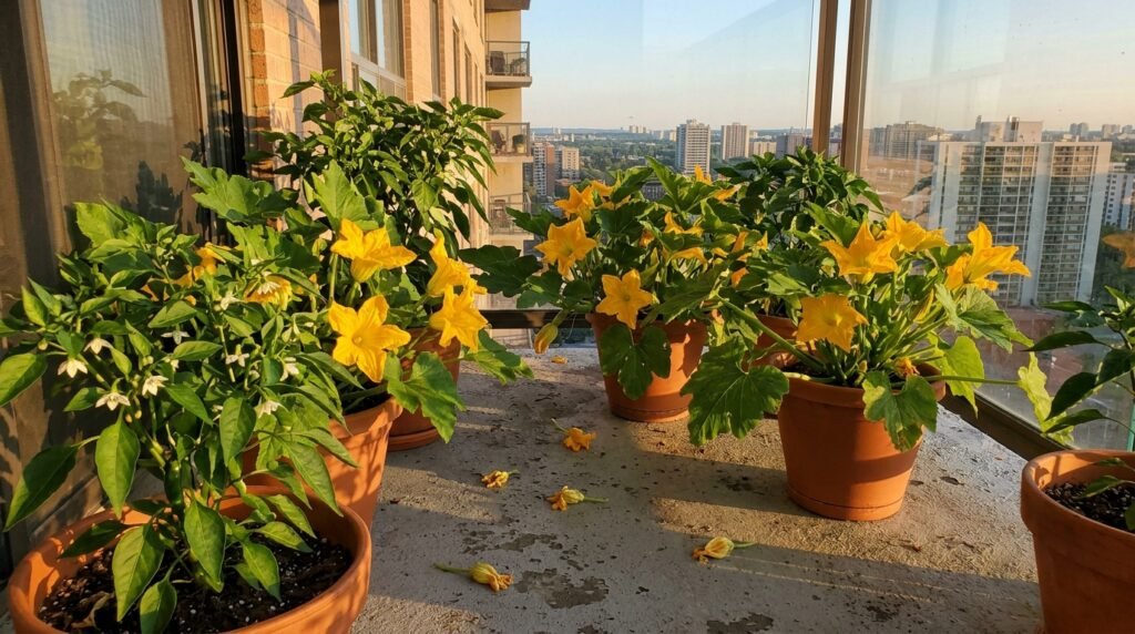 close up of tomato plant with flowers dropping before setting fruit in a garden bed