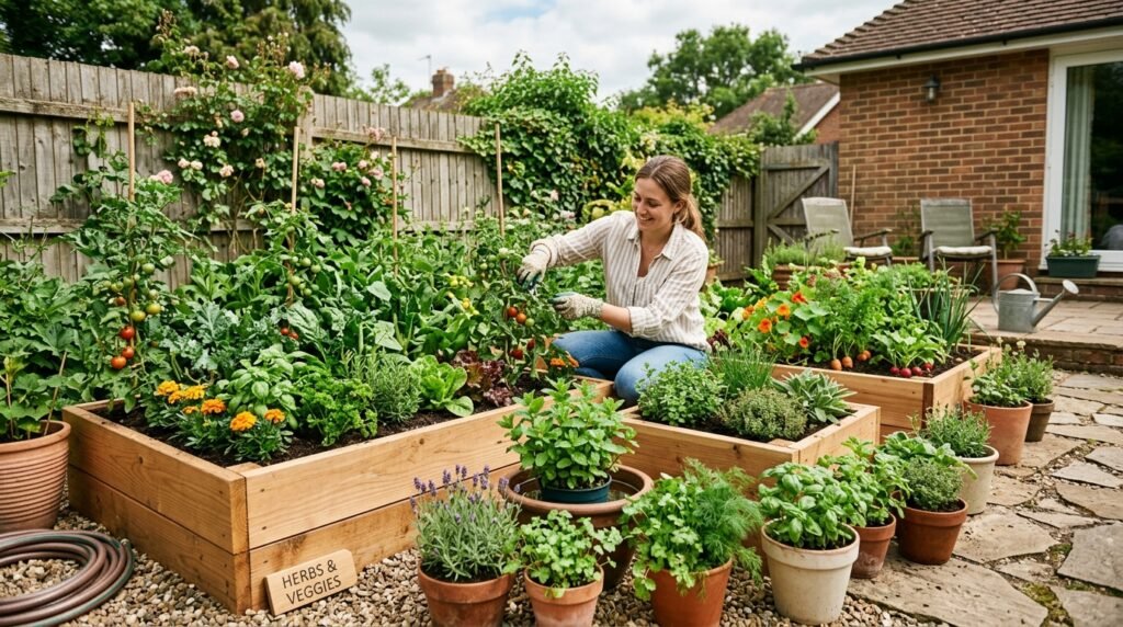 beginner home food garden with raised beds containers and herbs growing together