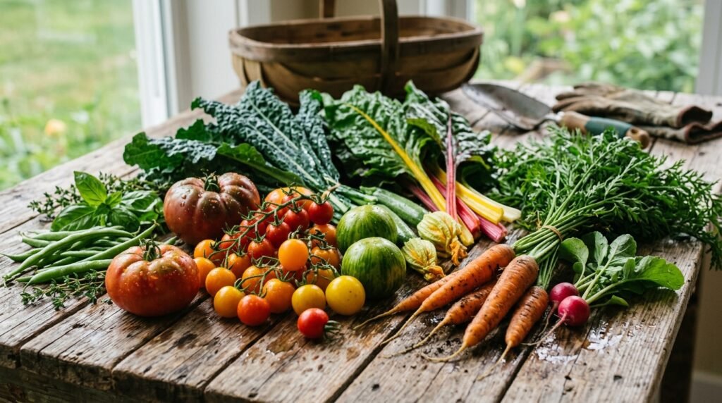 close up of freshly harvested vegetables from a small home garden laid on a table
