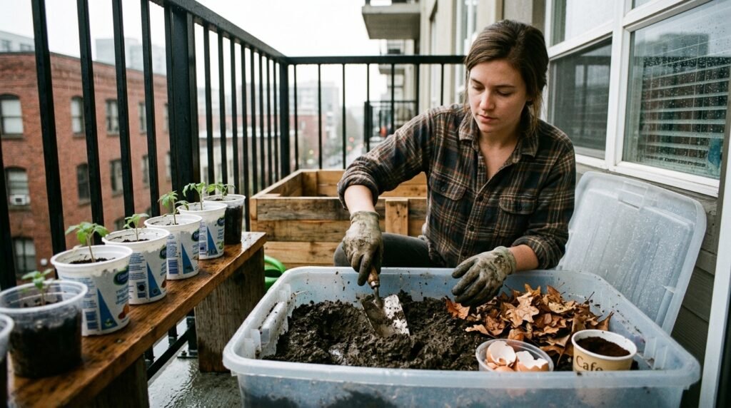hands mixing compost and organic matter into poor garden soil to improve its quality