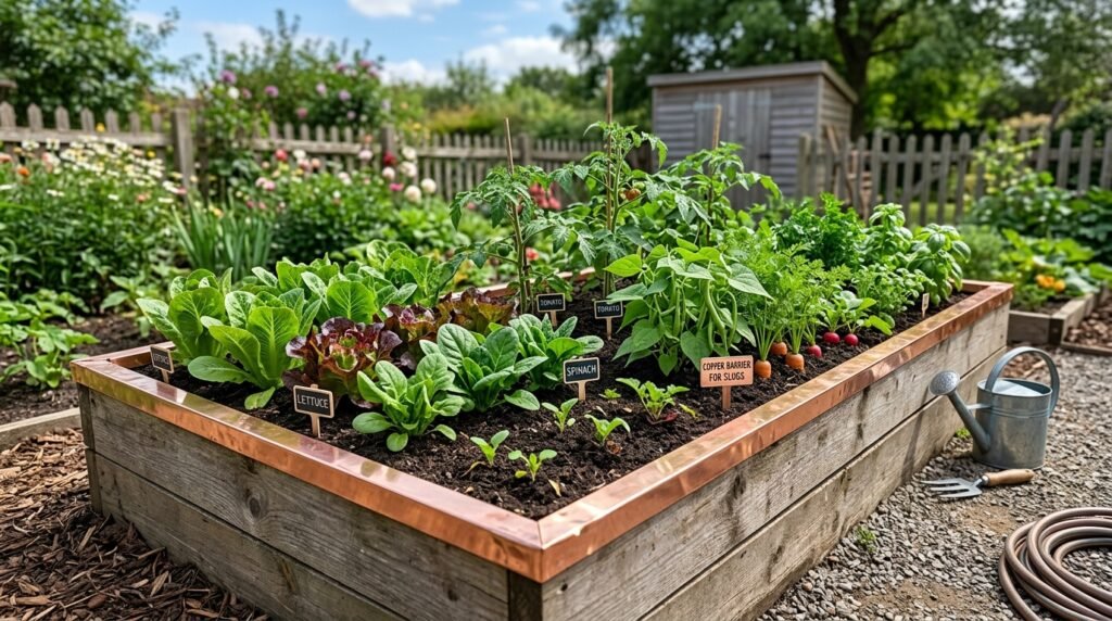 vegetable garden bed with copper tape barrier installed around the edges to deter slugs